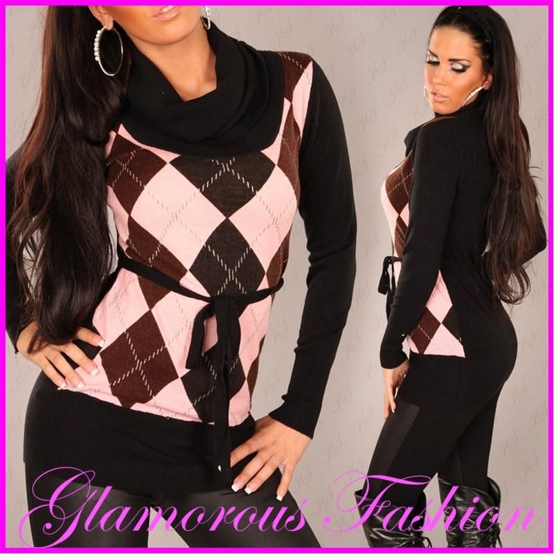 NEW SEXY JUMPER SWEATER MINI DRESS REM BELT 12 14 PINK BLACK WOOL