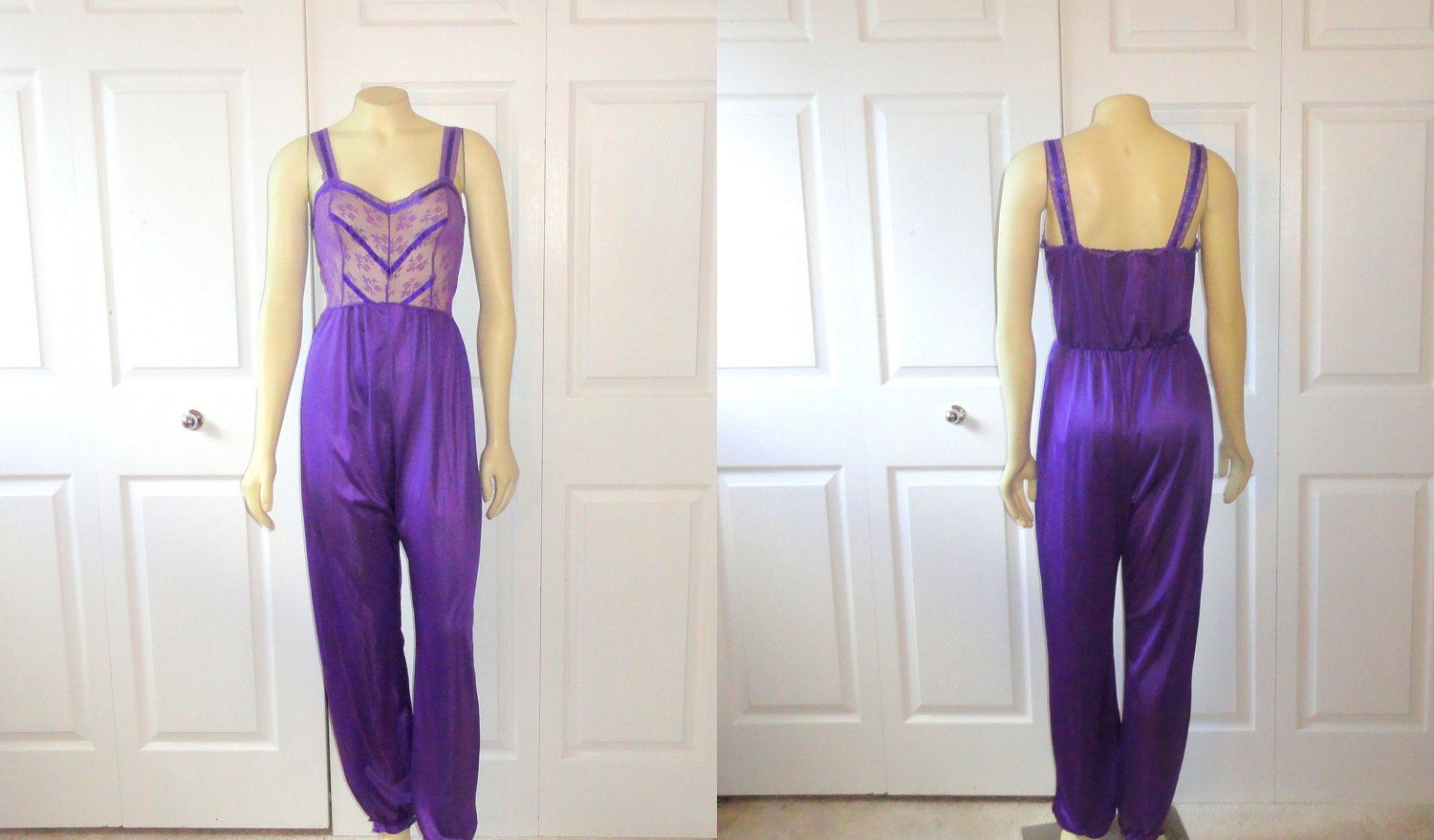 Vintage Jumpsuits 70s 80s Undercover Wear Lace & Satin Chevron Striped