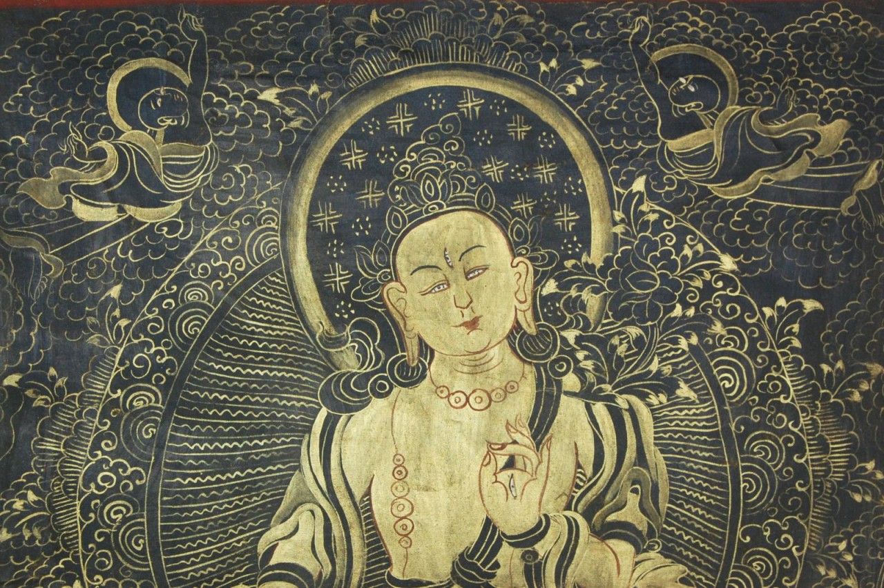 Vintage Tibetan Buddha Thangka Hand Painted Silk Border Temple Art