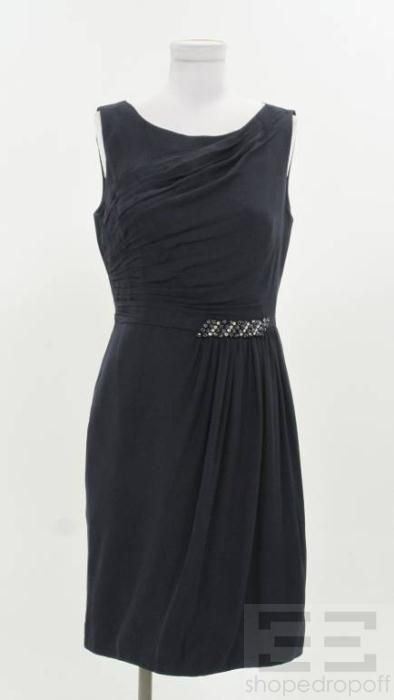 Kay Unger Navy Blue Pleated Silk Beaded Dress Size 8