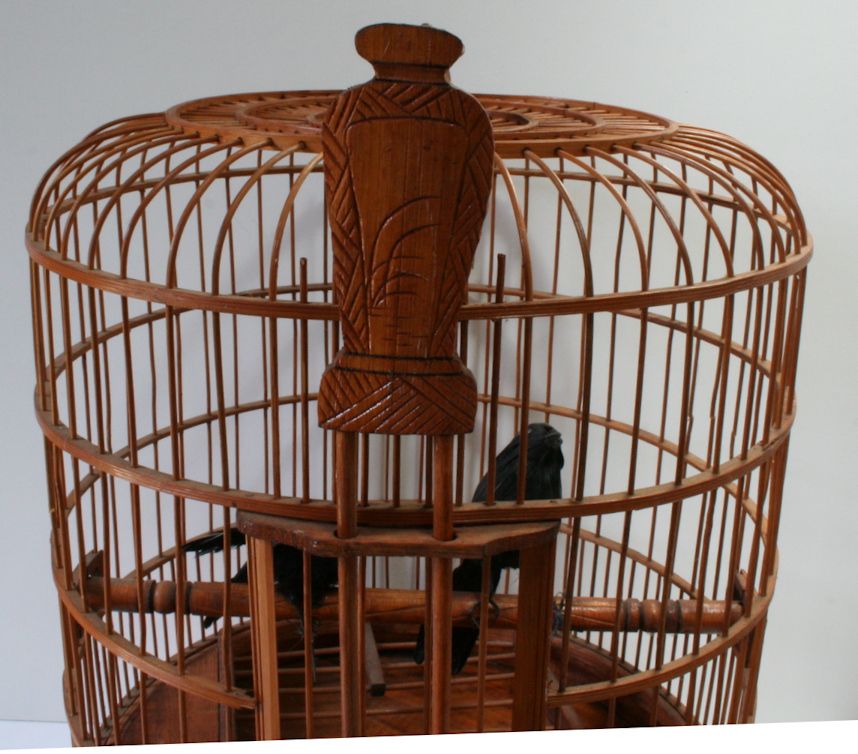 Vintage Large 20 Bamboo Wooden Bird Cage Carved Cranes and Fans