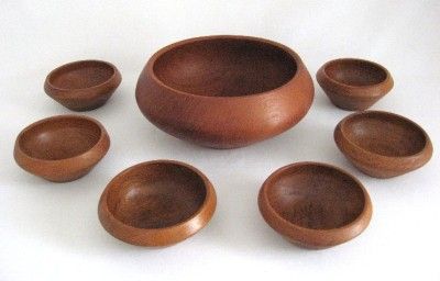 Solid Teak Wood Hand Carved Salad Bowl Set 1 Large 6 Individual Bowls