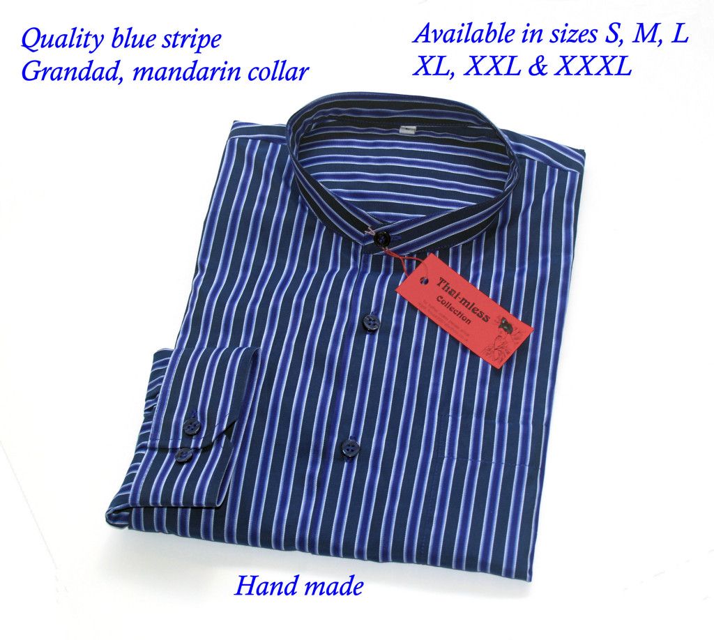 Hand Made Blue Stripe Grandad Collarless Shirt All Sizes
