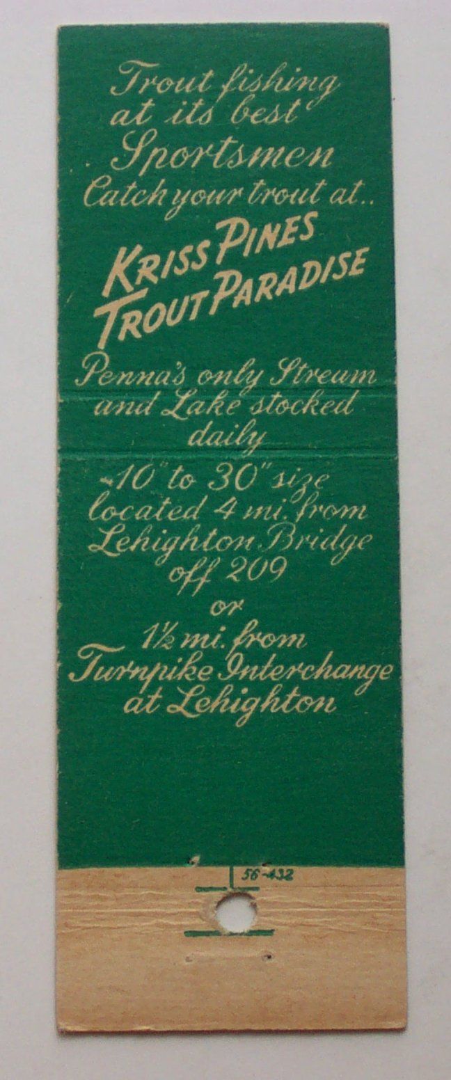 1940s Matchbook Kriss Pines Trout Hatchery Lehighton PA