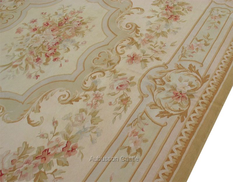 8x10 Pastel Aubusson Area Rug Subtle French w Rose Medallion Handwoven