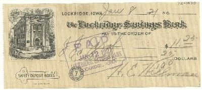 Cancelled Check From The Lockridge Savings Bank in Lockridge, Iowa