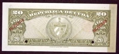 1958 Cuba 20 Pesos Pick 80S2 MUESTRA Very RARE Crisp UNC Specimen Note