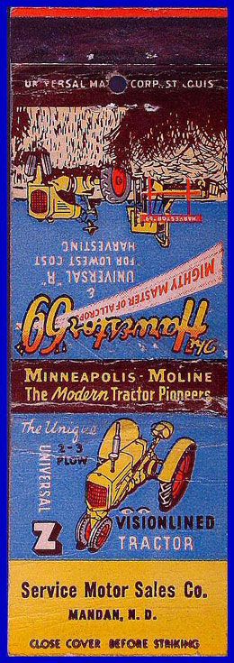 1950s Minn Moline Tractor Matchcover Mandan ND