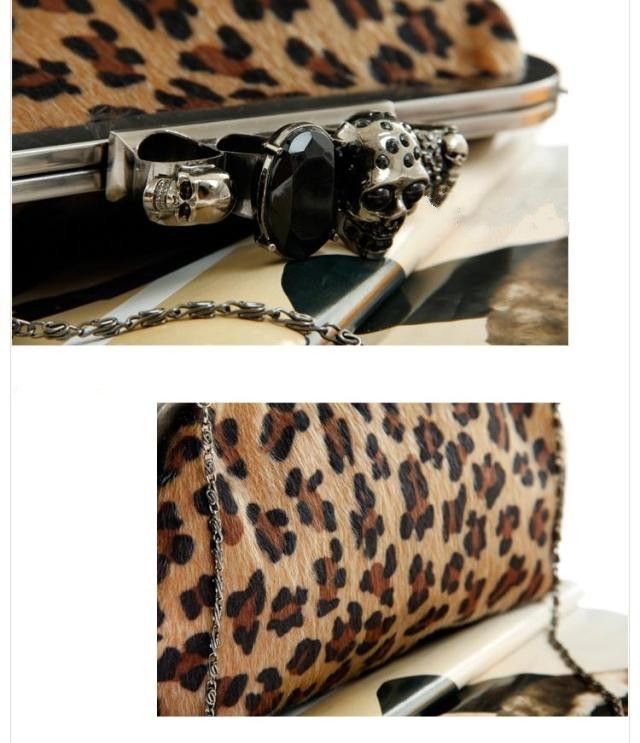 Women Lady Skull Knuckle Ring Leopard Clutch Bag Evening Shoulder