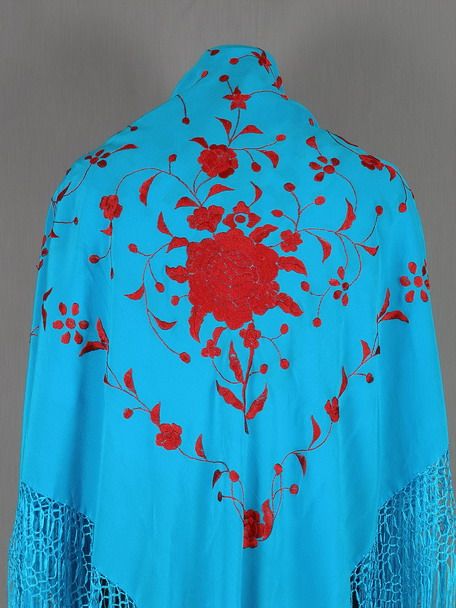 Turquoise Red Flamenco Silk Piano Shawl Manton