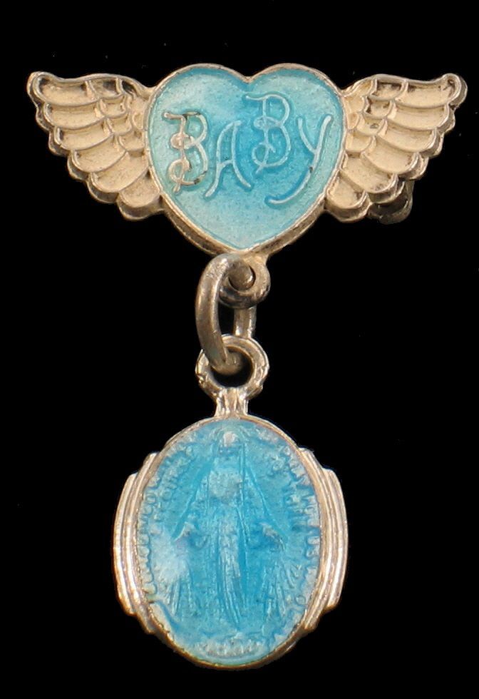 Vintage Sterling Silver Enamel Baby Wings Miraculous Medal Unusual Pin