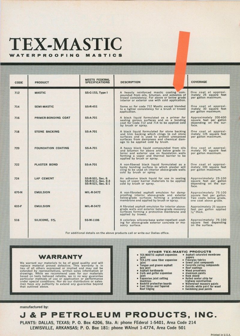 Tex Mastic J & P Petroleum Catalog Asbestos Fibrated Mastic Waterproof