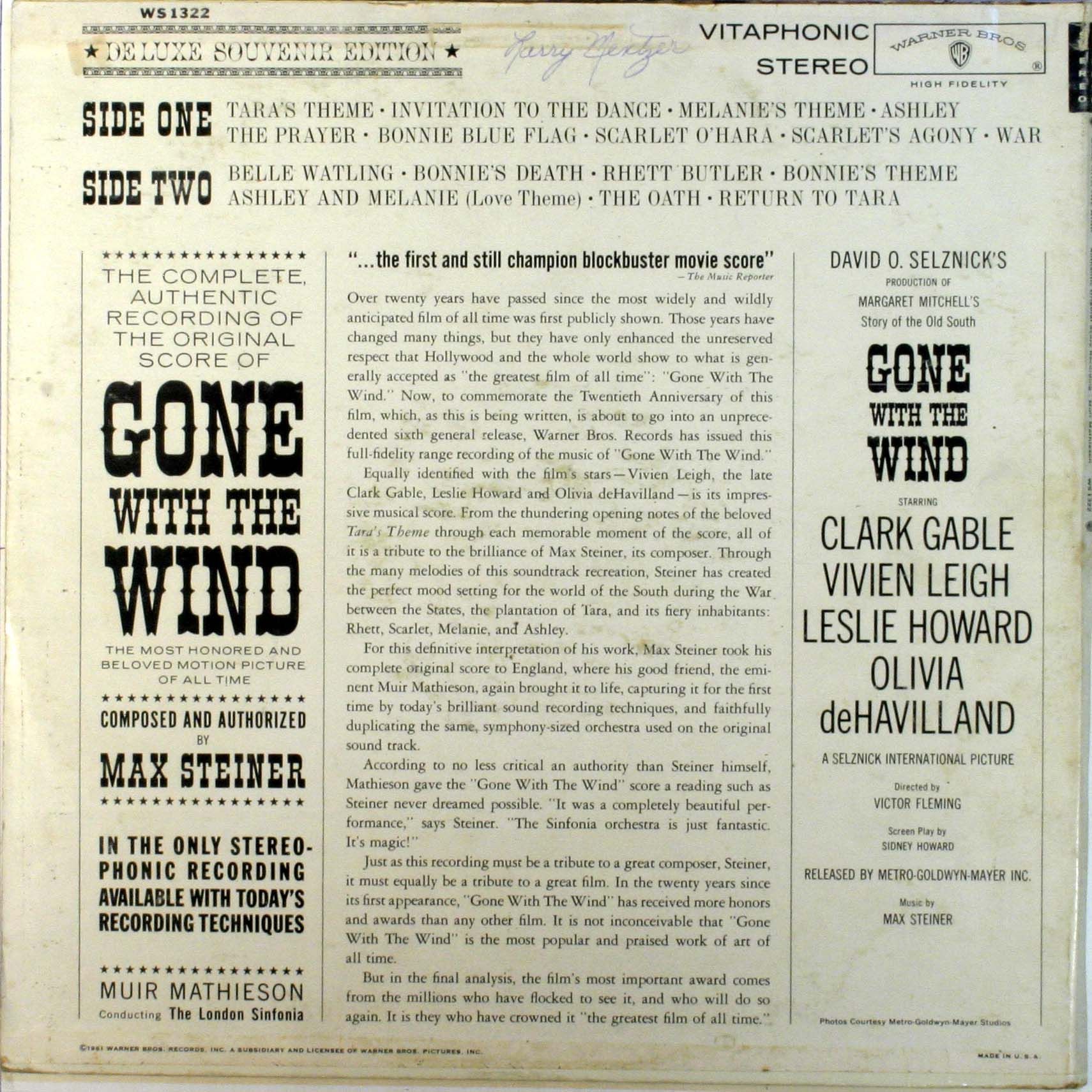 Max Steiner Gone with The Wind LP USA Warner Brothers VG M