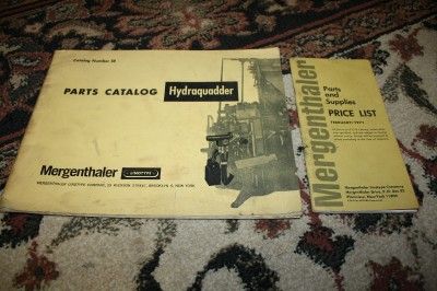 MERGENTHALER LINOTYPE HYDRAQUADDER PARTS CATALOG NO. 58 AND 1971 PRICE