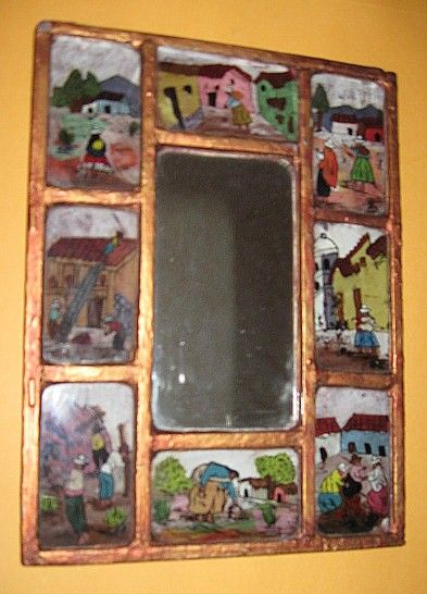 Handmade Mexican Folk Art Framed Mirror Painted Mini Pictures