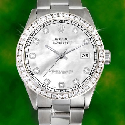 Rolex Mens Datejust Diamond Bezel SS Stainless Steel Oyster White