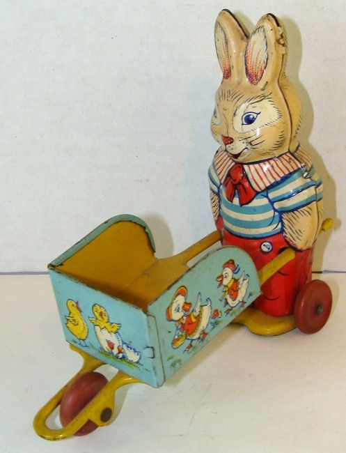 Vintage 1950s J Chein Co Made in USA Tin Rabbit Pushing Wheelbarrow