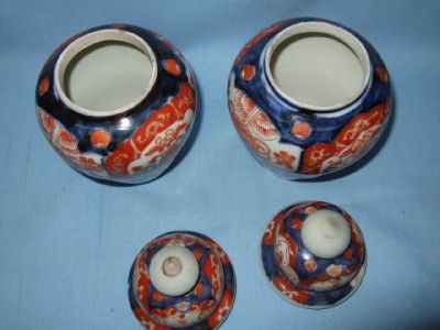 Good Old Pair of Oriental Handpainted Imari Covered Jars Vases