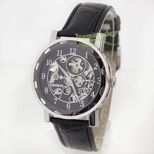 Fashion Luxury Goer Auto Mechanical Skeleton Men Watch Silver Black PU