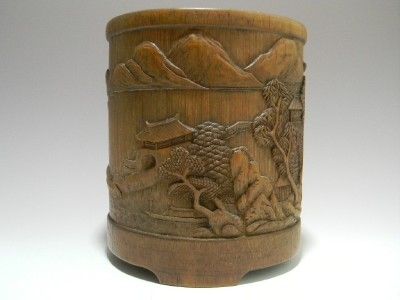 Great Chinese 19th C Bamboo Carved Scholars Table Item Brush Pot