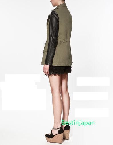 2012 New Army Green Womens PU Leather Sleeve Jacket coat Trench