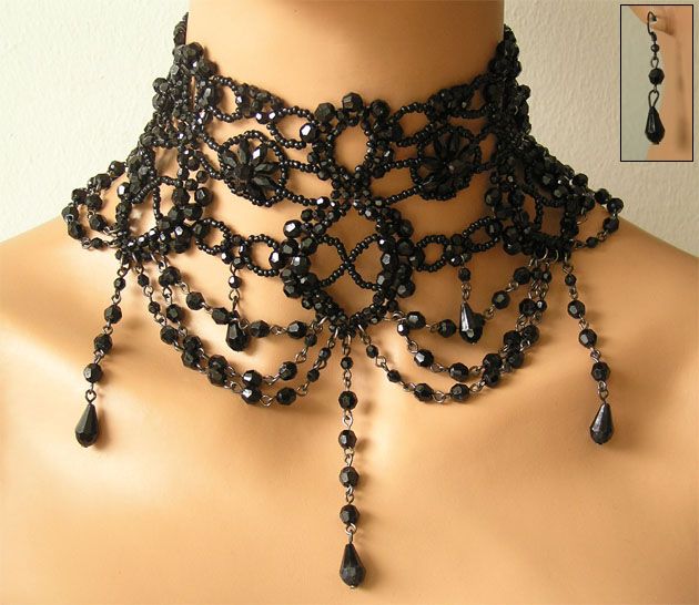 TRACHTENSCHMUCK DIRNDL PERLEN KROPFKETTE SET SCHWARZ COLLIER