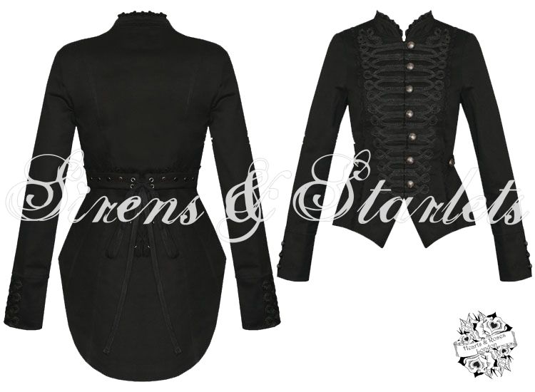 Jacke Damen Schwarz Gothic Frack Militärstil Baumwolle Neu