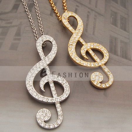 Halskette Strass Music symbol Anhänger Damen Lange Kette necklace NEU