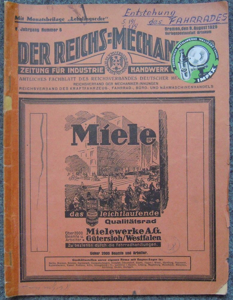 Zeitschrift Der Reichsmechaniker 1929 Fahrräder Miele Torpedo Panther