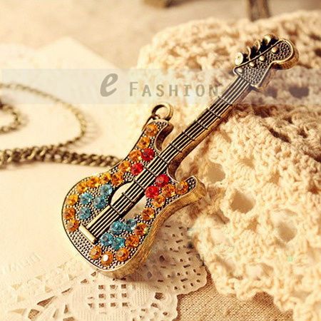 Halskette Gitarre Anhänger Retro Strass Damen Lange Kette necklace