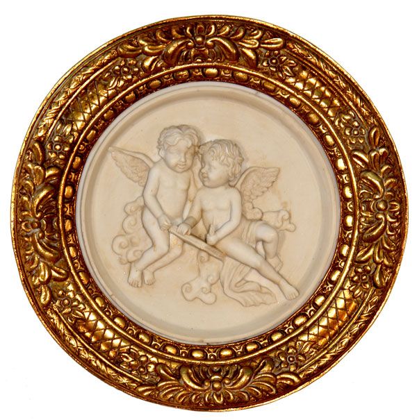 ALABASTER STUCK RELIEF ENGEL BAROCK RAHMEN RUND LESENDE PUTTO ANTIK