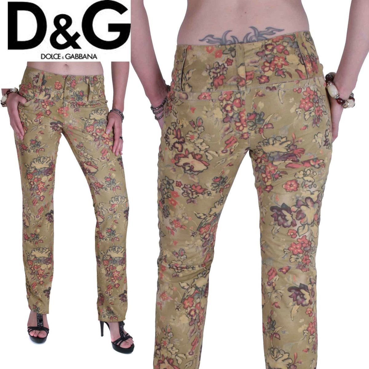 & Gabbana Lederhose Wildleder Flower Power Grün Gr. 36 #137