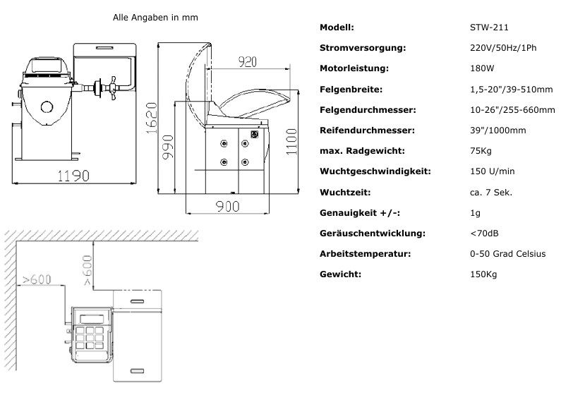 Technische Daten Wuchtmaschine STW 211