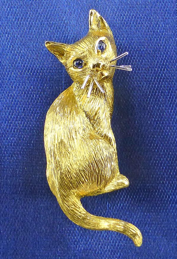 Siamkatze 750er Gold Saphir Augen Brosche Katze Nadel Gelbgold 750