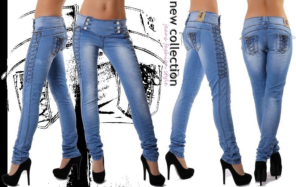 Neu Hüftjeans Jeans Damen Hose Lederschnürungen Röhrenjeans 34 36