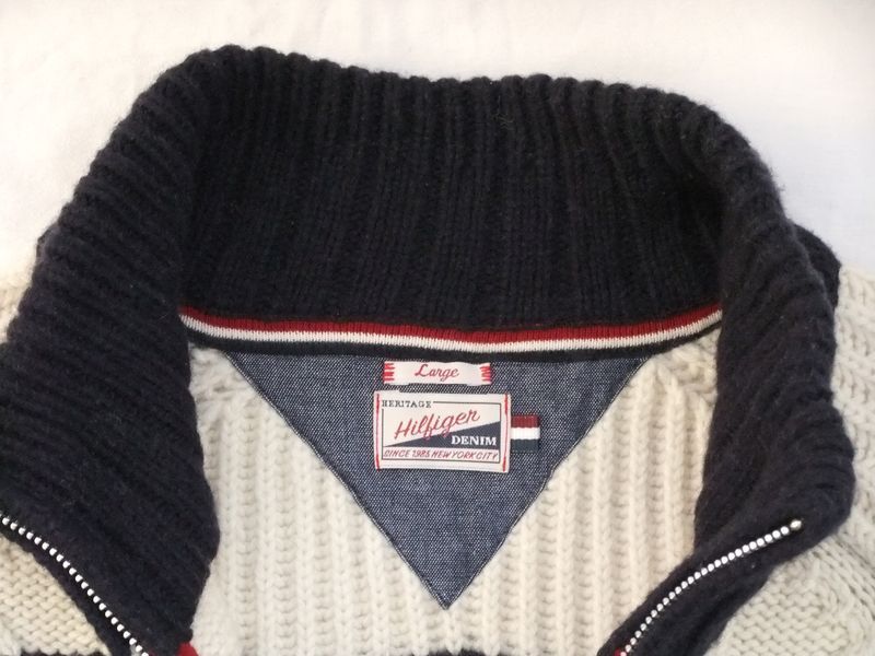 TOMMY HILFIGER PULLOVER STRICKJACKE JACKE WOLLE BLAU WEISS*GR L*TOP