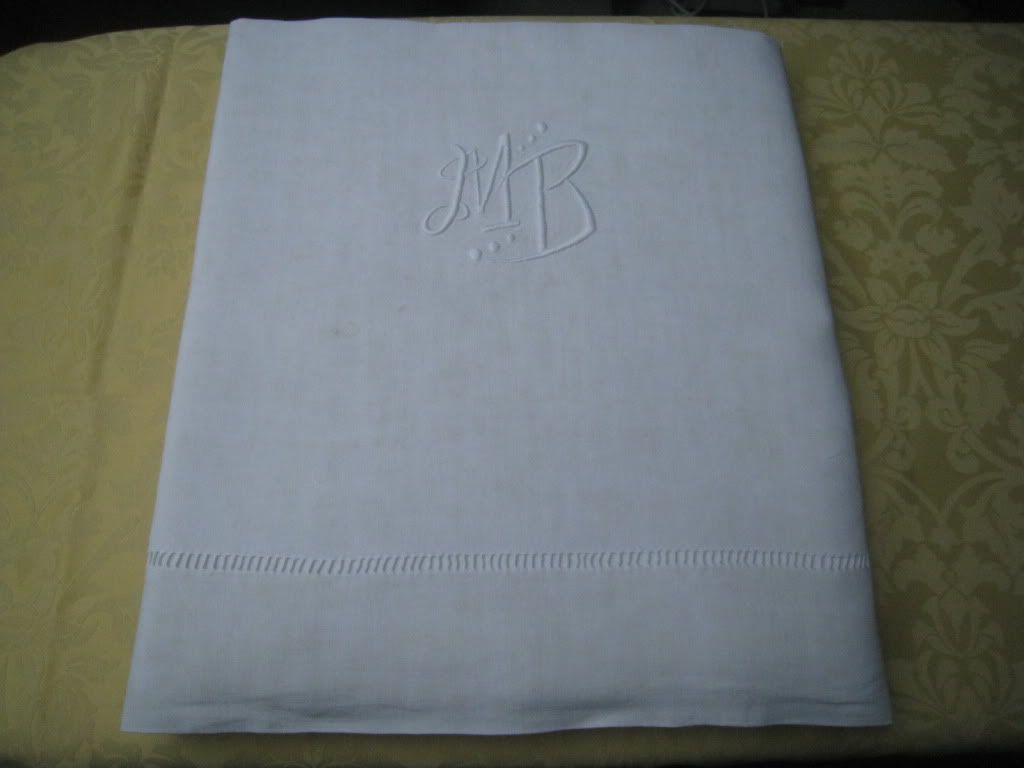 Ancien DRAP de lin jour venise Monogramme MB 300 cm x 225 cm