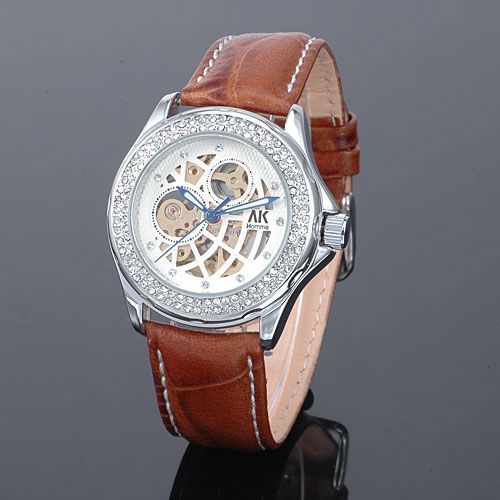 Neu AK Homme Elegante Damen Herren Uhr Automatikuhr braune Leder