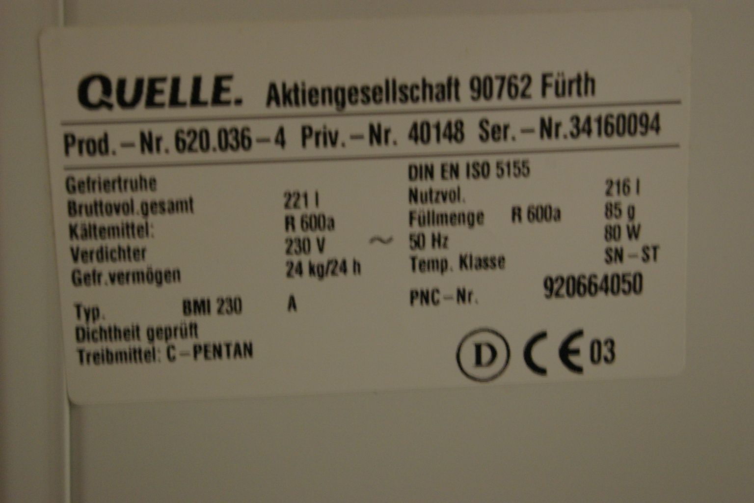 TIEFKÜHLTRUHE 3STERNE 216 LITER 80W B=105cm H=87cm T=71cm