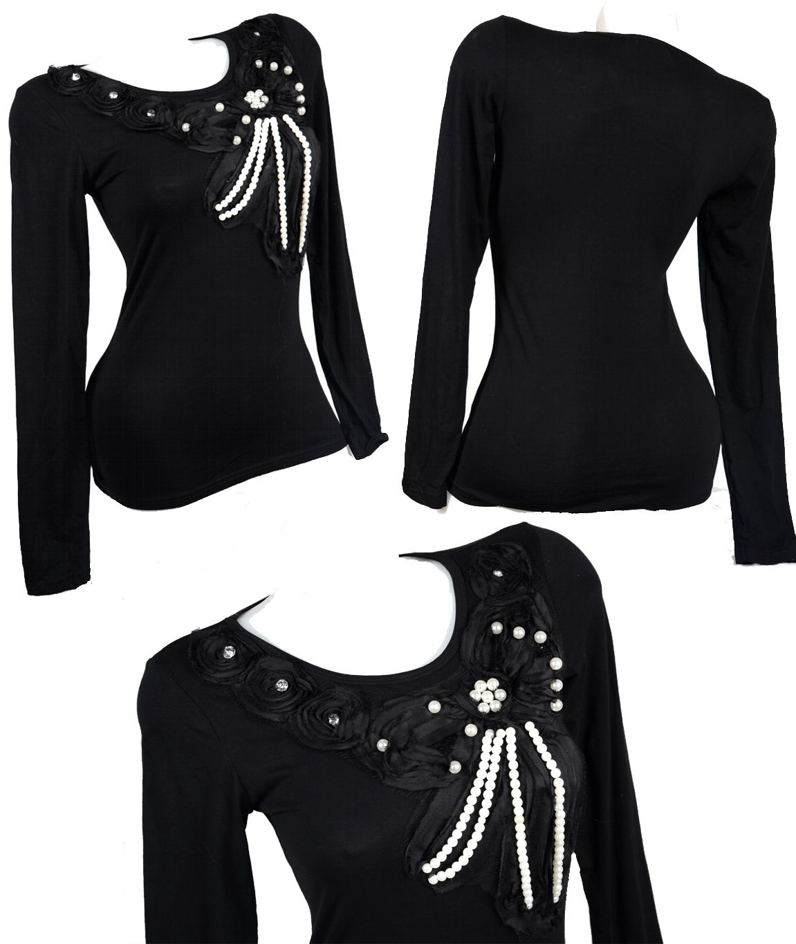 ELEGANT BUSINESS PULLOVER BLUSE 3D PERLEN BLUMEN VERZIERT SCHWARZ 36 S