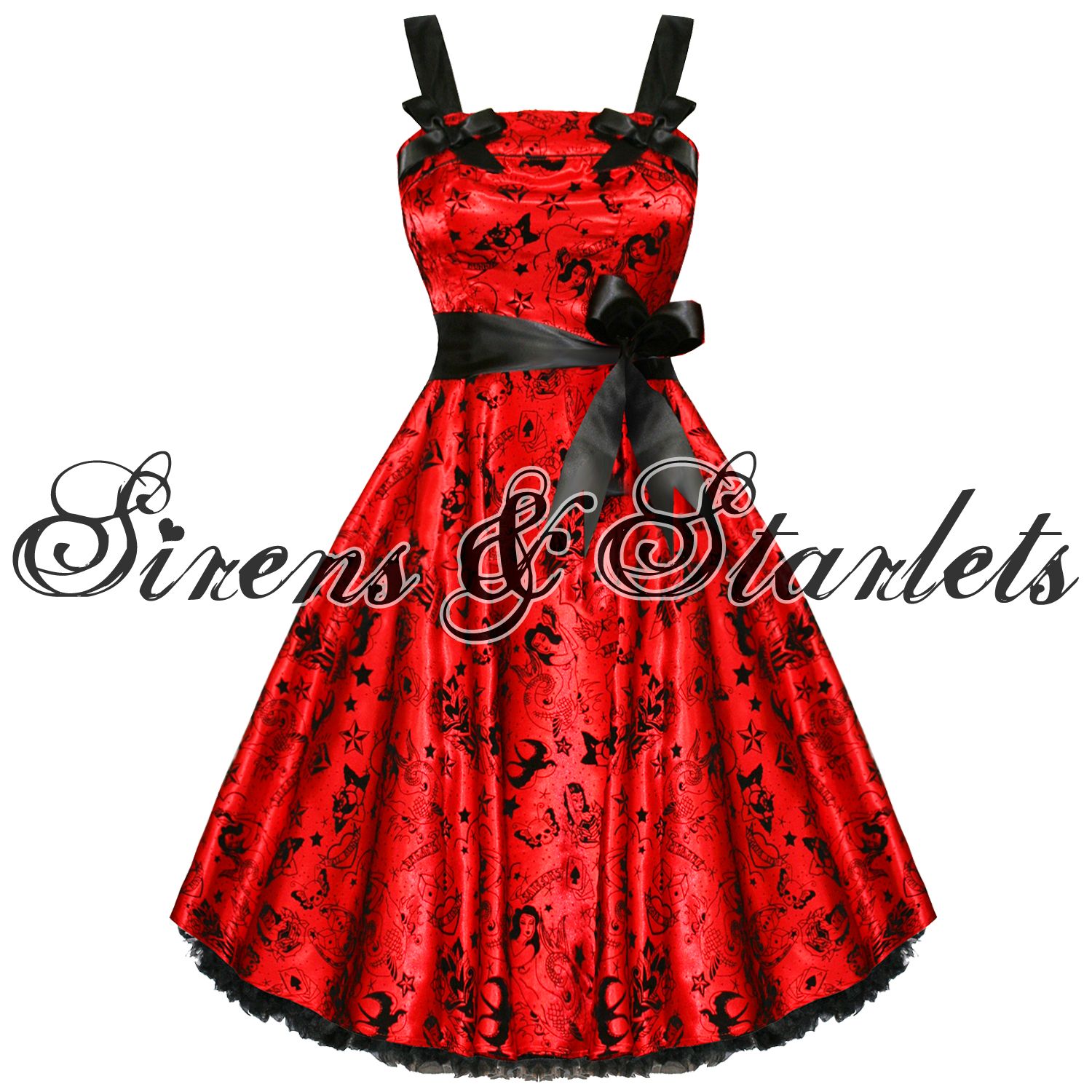 Damen Kleid Hell Bunny Rote Tattos 50s VTG Rockabilly EMO Schulball