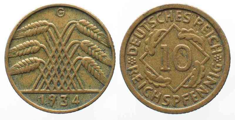 WEIMAR 10 Reichspfennig 1934 G J.317 SELTEN # 62452