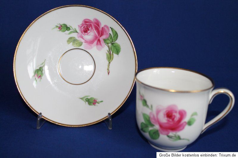 Meissen Kaffeetasse mit Untere Tasse Rote Rose Knaufzeit Goldrand 1