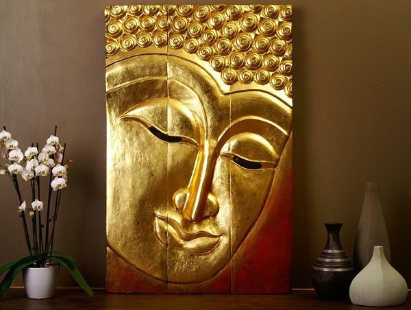 BUDDHA WANDBILD BLICK RECHTS 120cm 24 KARAT BLATTGOLD BELEGT GESICHT