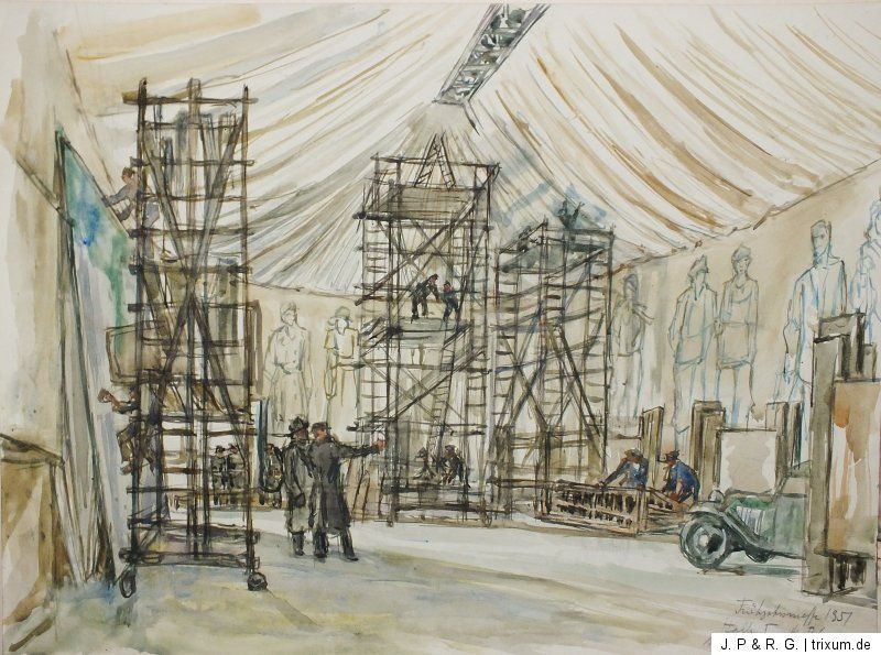 Walter Buhe, Aquarell Messe 1951 in Leipzig   Aufbau