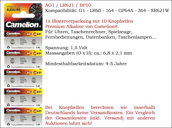 10 x AG1 LR621 Knopfzellen LR60 164 364 SR621W Camelion