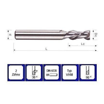 Mini Schaftfräser 5 mm VHM 2 schneidig 30° DIN 6535