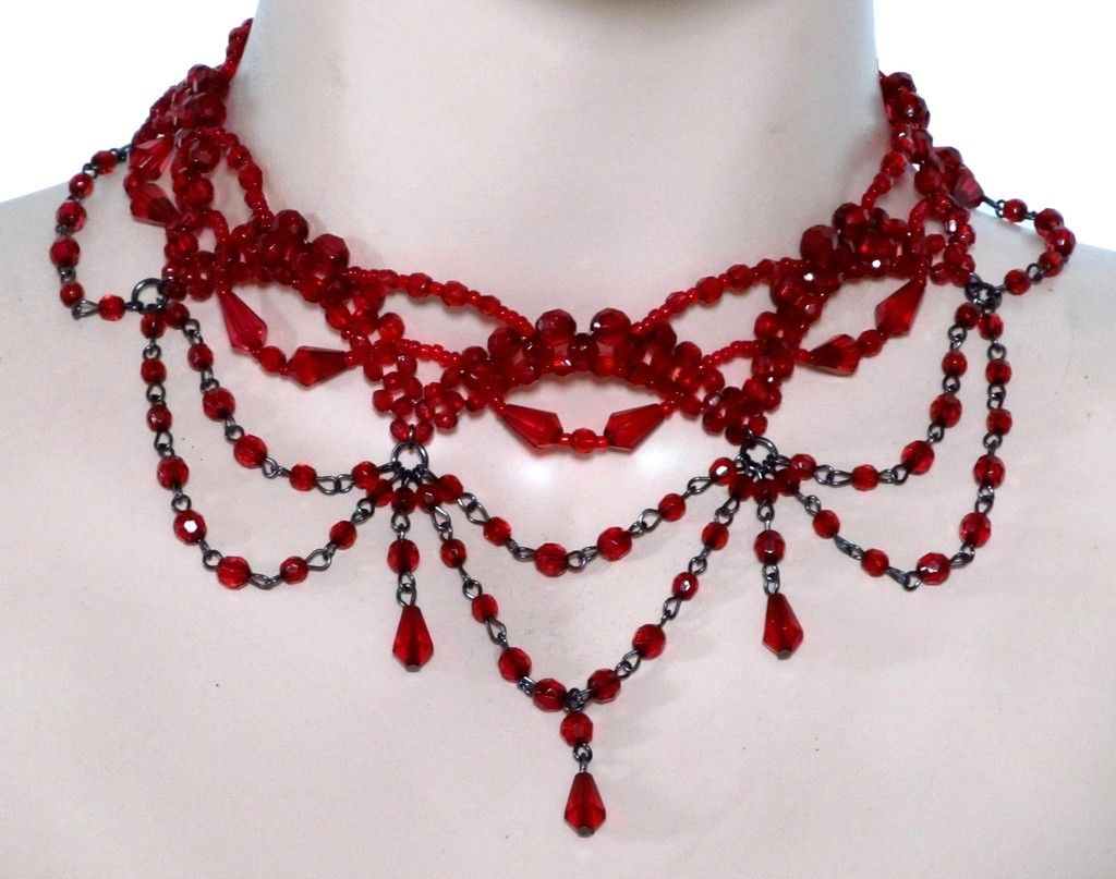 HALSBAND CHOKER KETTE HALSKETTE GOTHIC PERLEN ROT NEU Nr.7