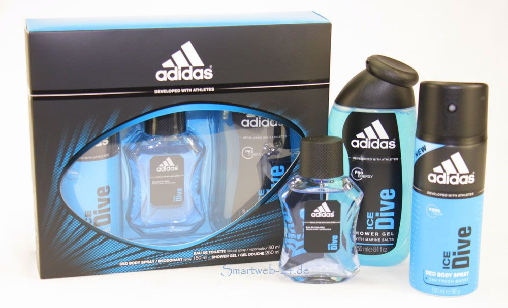 Adidas Ice Dive Herren Geschenk Set, EDT + Deo + Duschgel, Geschenkset