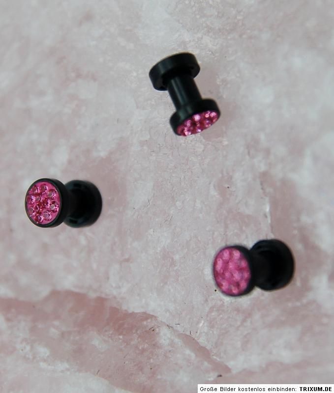 Flesh Tunnel 3 mm schwarz pink Strass Expander Plug rosa mit Gewinde